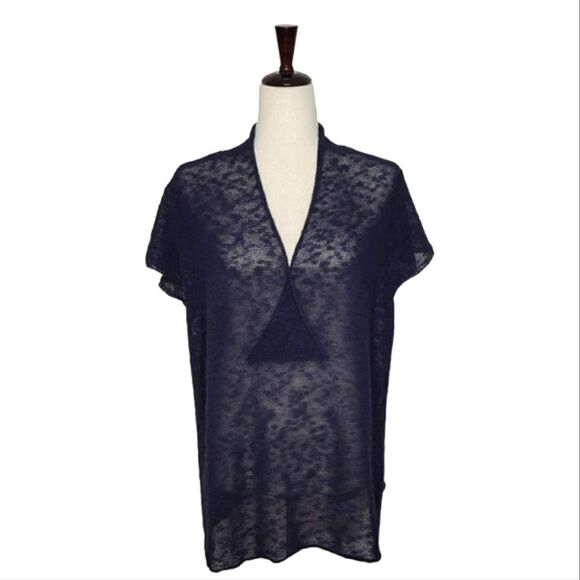 Eileen Fisher Navy Blue Linen Blend V-neck Cap Sleeve Sheer Sweater Size L - Picture 1 of 8